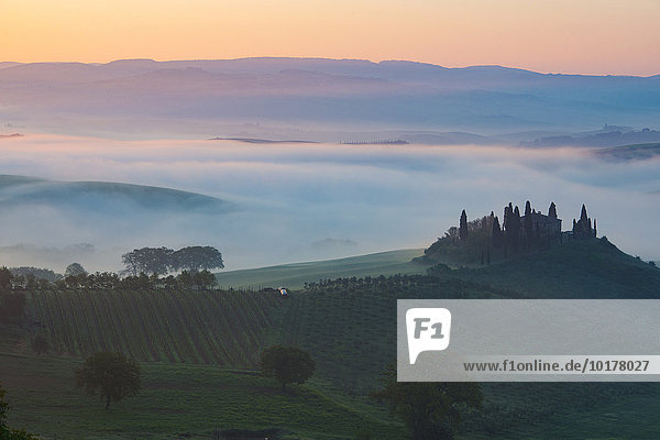 Podere Belvedere  Bauernhaus  Blick auf das Orcia-Tal  Sonnenaufgang im Nebel  San Quirico d'Orcia  Orcia-Tal  Toskana  Italien  Europa
