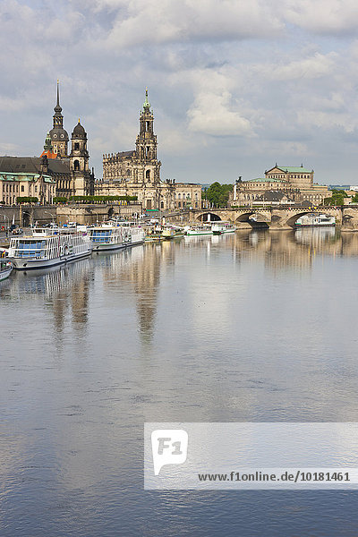 Passagierschiffe auf der Elbe vor der Skyline von Dresden mit Oper und Kathedrale  Sachsen  Deutschland  Europa