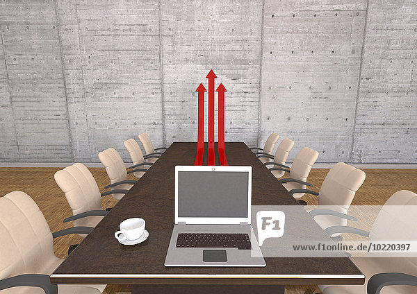 Besprechungsraum mit Tisch  Stühlen  Laptop und roten Pfeilen  3D-Darstellung
