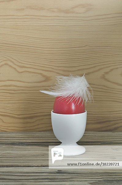 Eierbecher mit rotem Osterei und weißer Hühnerfeder