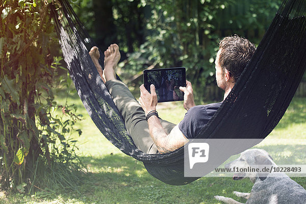 Entspannter Mann in der Hängematte liegend mit digitalem Tablett und Hund neben ihm