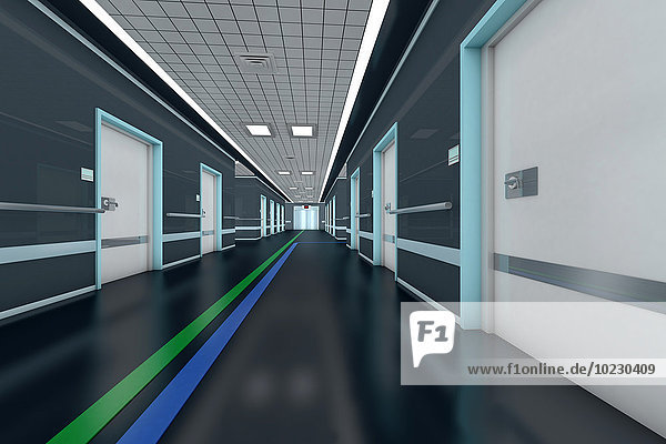 Flur mit Leitsystem in einem modernen Krankenhaus,  3D-Rendering