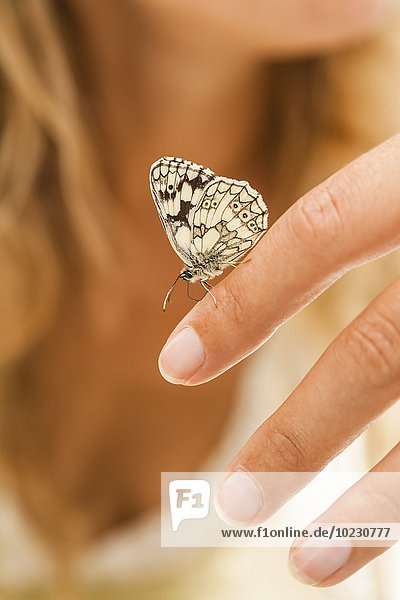Butterfly on woman's hand