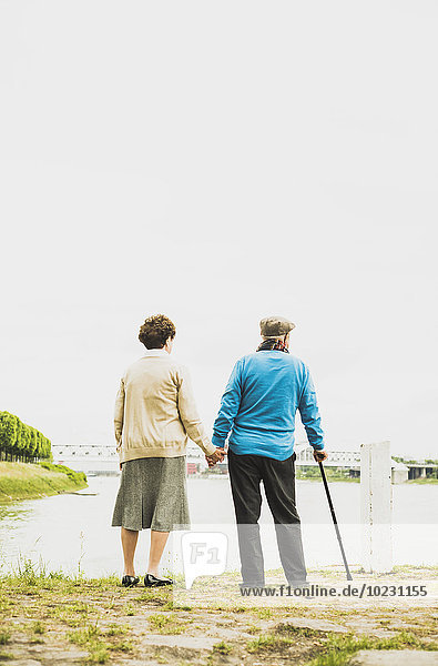 Back view of senior couple holding hands at water's edge