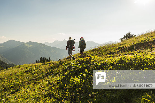 Austria  Tyrol  Tannheimer Tal  young couple hiking on alpine meadow in backlight