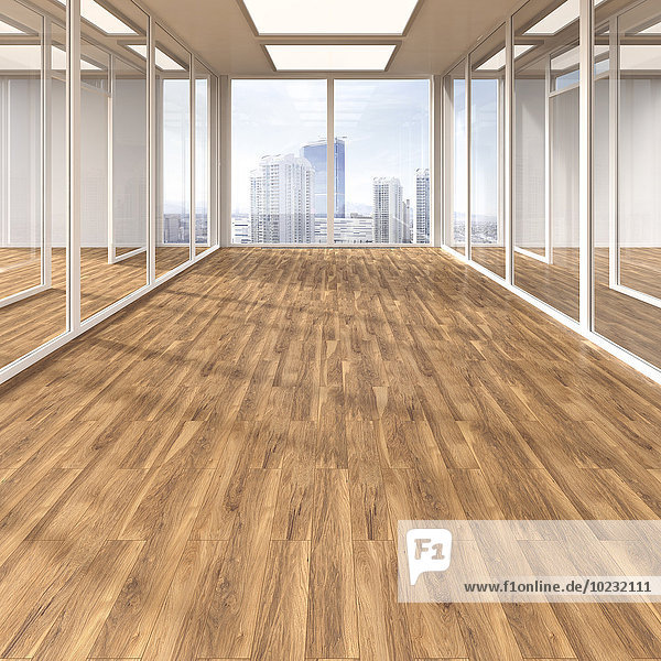 Leerer Konferenzraum mit Parkett- und Glastrennwänden 3D-Rendering