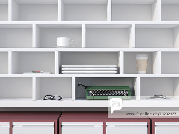 Büroregal mit Schreibmaschine  Laptops  Kaffeetasse und anderen Dingen  3D Rendering