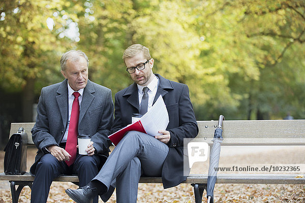 Two businessmen reading document on park bench