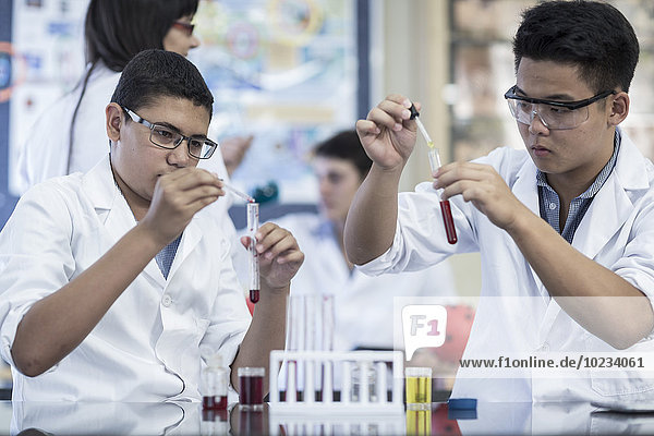 Students in chemistry class pipetting liquid into test tube