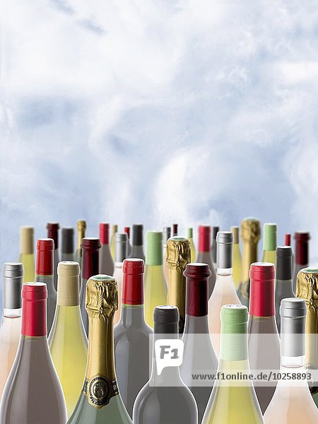 Verschiedene Weinflaschen vor blauem Himmel mit Wolken