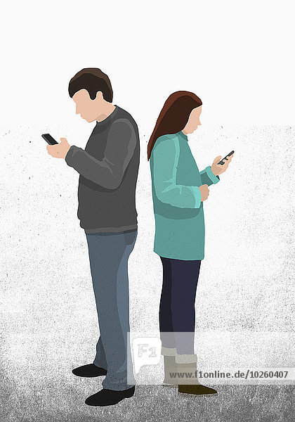 Illustration von Textnachrichten von Freunden über das Handy  während sie Rücken an Rücken gegen Rücken stehen.