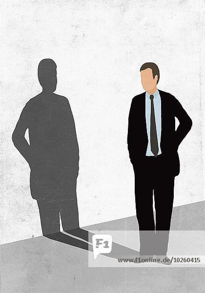Illustration eines Geschäftsmannes,  der seinen Schatten auf der weißen Wand betrachtet.