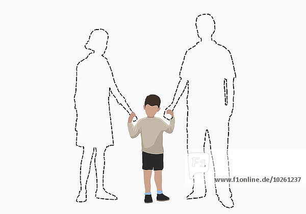 Illustratives Bild eines Jungen  der Hände von vermissten Eltern auf weißem Hintergrund hält.