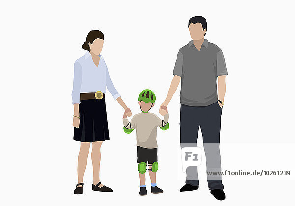 Illustratives Bild eines Jungen in Sportbekleidung  der die Hände der Eltern über weißem Hintergrund hält.