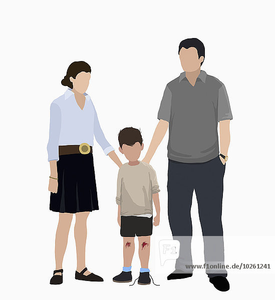 Illustratives Bild der Eltern  die den verletzten Sohn auf weißem Hintergrund trösten.