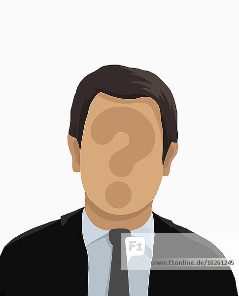 Illustratives Bild des Geschäftsmannes mit Fragezeichen auf dem Gesicht über weißem Hintergrund