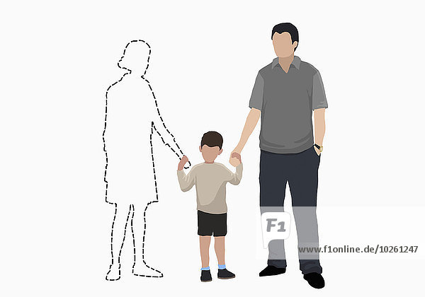 Illustratives Bild der Familie  die die Hände der vermissten Mutter auf weißem Hintergrund hält.
