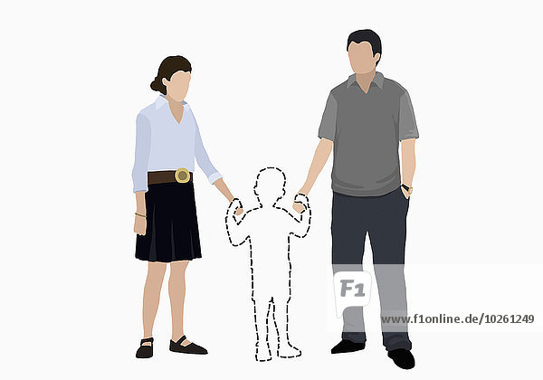 Illustratives Bild von Eltern  die Hände des vermissten Sohnes auf weißem Hintergrund halten.