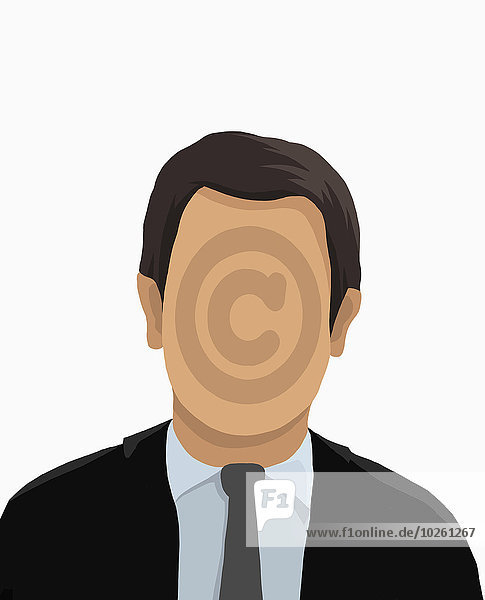 Illustratives Bild des Geschäftsmannes mit Copyright-Symbol auf dem Gesicht vor weißem Hintergrund