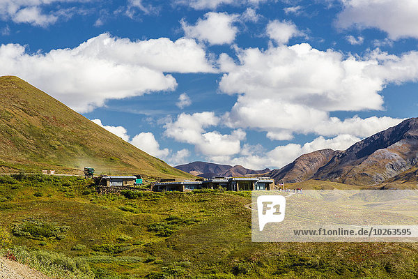 Scenic view of Eielson Visitor Center and green tundra in Denali National Park  Interior Alaska  Summer  USA.