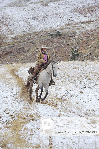 Vereinigte Staaten von Amerika USA Rocky Mountains Cowgirl Schnee