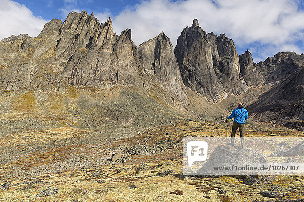 Man standing on a rock overlooking the jagged granite peaks of Tombstone Territorial Park; Yukon  Canada