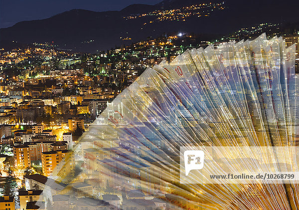 Stadtansicht Stadtansichten Farbe Farben beleuchtet Nacht Hintergrund Lugano schweizerisch Schweiz