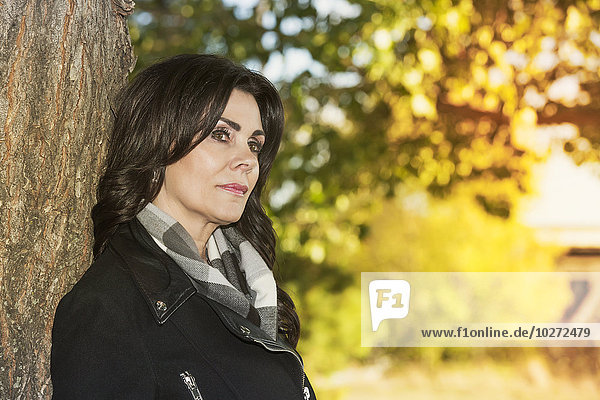 'Mature businesswoman standing against a tree in a city park in autumn; Edmonton  Alberta  Canada'