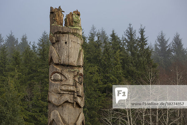 Ein alter geschnitzter Totempfahl aus Holz mit einem Wald und Nebel; British Columbia  Kanada