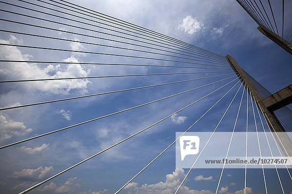 Blick durch die Hängeseile einer großen modernen Brücke auf den Betonturm der Brücke und einen blauen Himmel mit Wolken; Vereinigte Staaten von Amerika'.