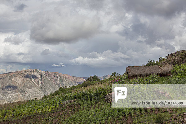 Gärten und kleine Strohhütten schmücken die Landschaft und die Berge um die Stadt Toro Toro; Toro Toro  Bolivien'.
