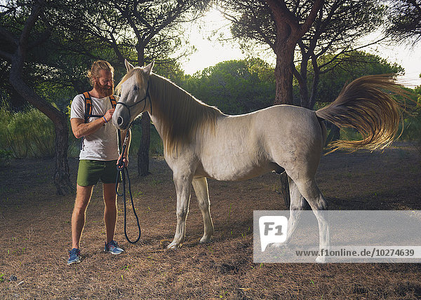 Ein Mann mit einem weißen Pferd; Cadiz  Andalusien  Spanien