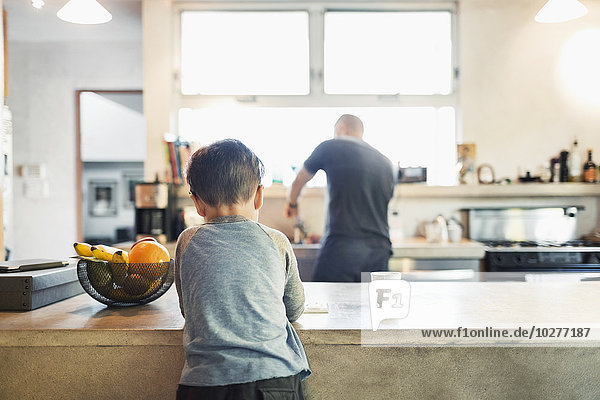 Rückansicht von Vater und Sohn in der Küche
