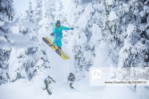 Skifahrer Wald springen