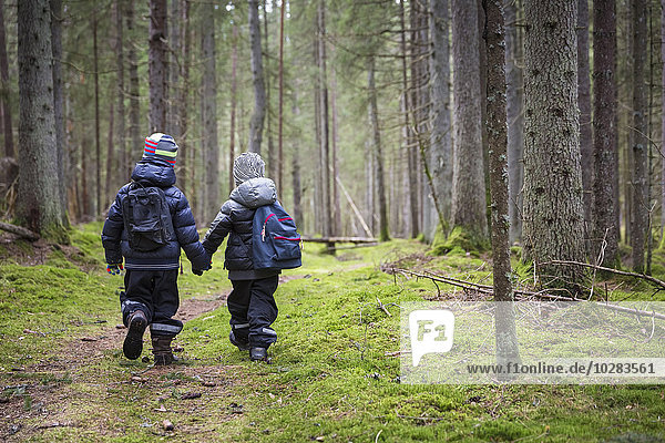 Children walking in forest
