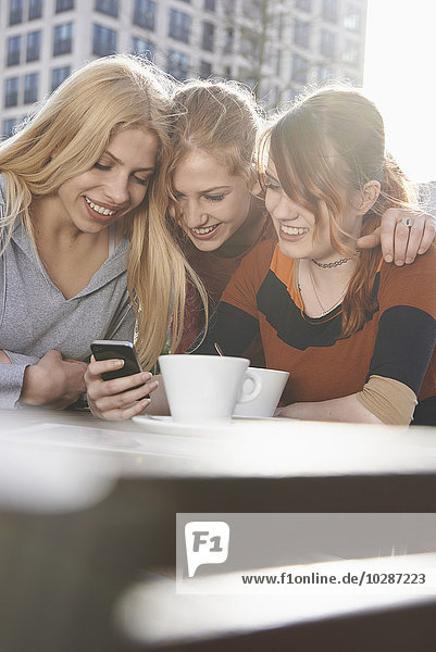 Three friends text messaging at sidewalk cafe  Munich  Bavaria  Germany