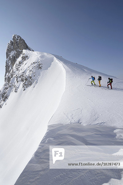 Skitourengeher beim Klettern auf einem verschneiten Gipfel  Tirol  Österreich