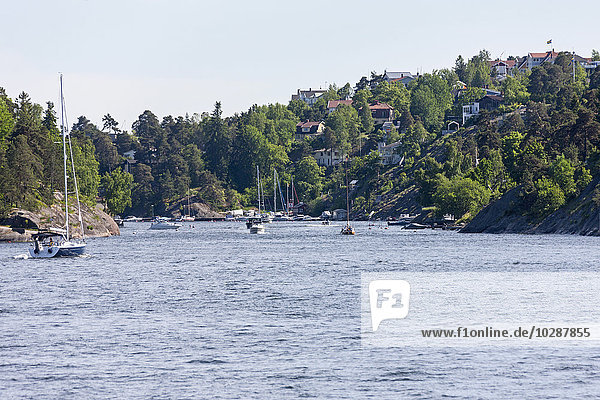 Segelboote im Meer mit der Stadt im Hintergrund  Velamsund  Stockholm  Schweden