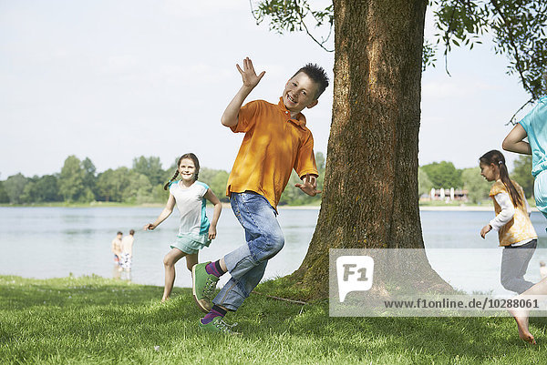 Children running around a tree at lakeshore  Bavaria  Germany