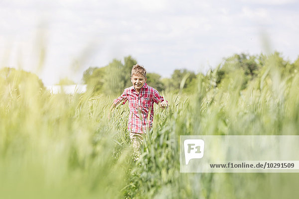 Sorgenfreier Junge läuft im sonnigen ländlichen Feld