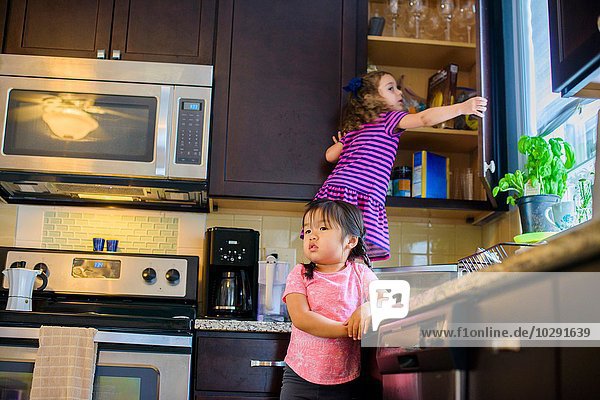 Junges Mädchen auf Küchenarbeitsplatte stehend  auf der Suche nach Leckereien im Schrank