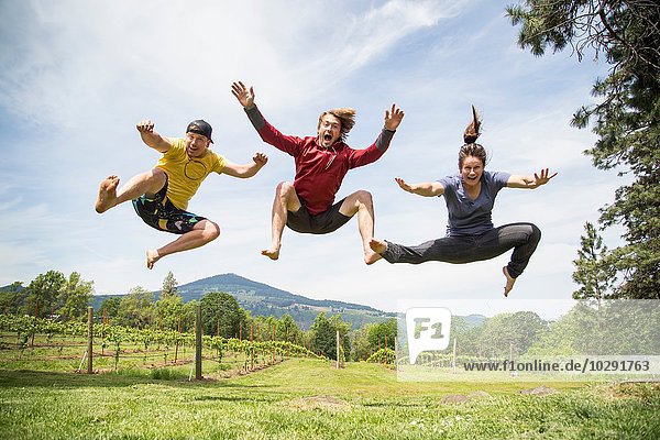 Drei Erwachsene springen in ländlicher Umgebung  mitten in der Luft  lachend
