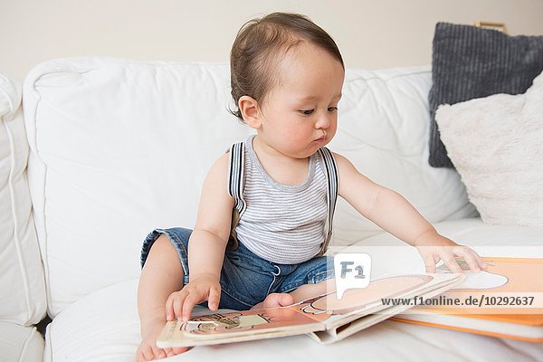 Baby boy sitting on sofa looking at picture book