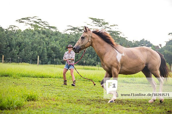 Porträt einer reifen Frau  die ihr Pferd auf dem Feld trainiert.