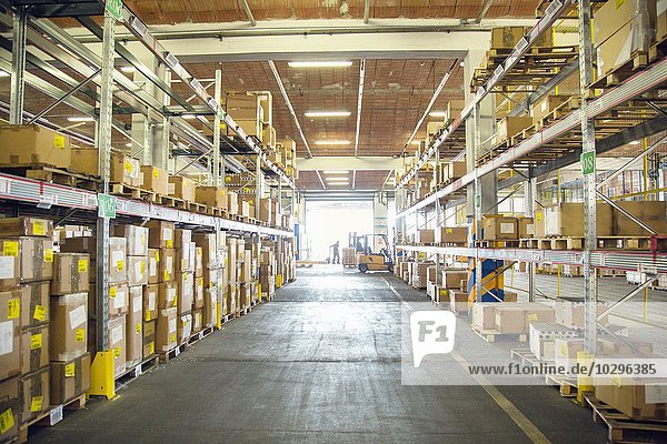 Forklift trucks and drivers working in distribution warehouse aisle
