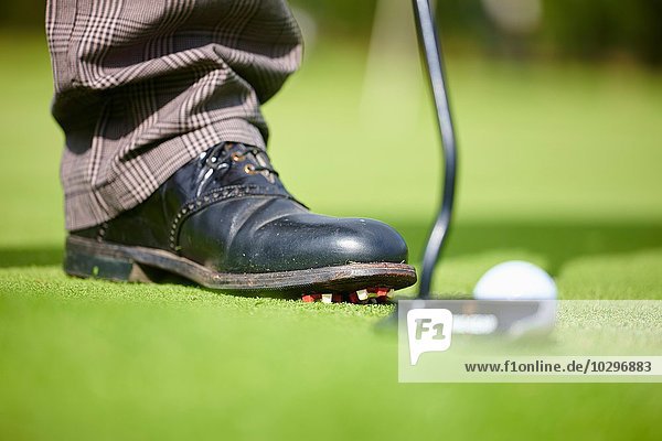 Beschnittene Ansicht des Golferfußes mit Golfschuh  Golfschläger und Golfball