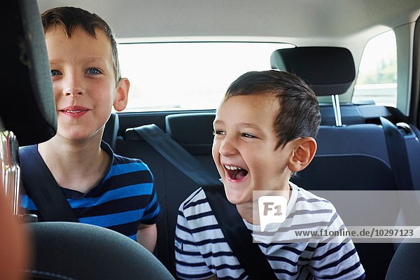 Two happy young brothers traveling in car back seat