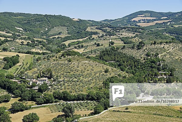 Landschaft mit kleinem Dorf bei Assisi  Provinz Perugia  Umbrien  Italien  Europa