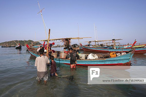 Local men wading through the water  bringing the fish caught from the fishing boats ashore  fishing village Ngapali  Thandwe  Rakhine State  Myanmar  Asia