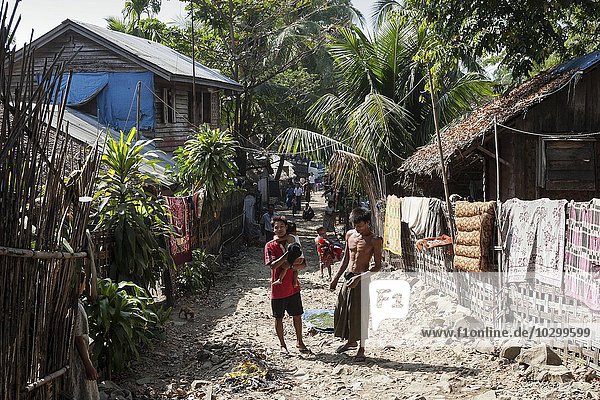 Village scene  path between the wooden houses  Ngapali  Thandwe  Rakhine State  Myanmar  Asia